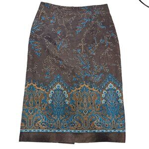 Briggs Petite Brown Paisley Midi Skirt Boho Teal Gold Border Print Size 14P/16P